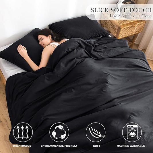 COTTEBED Solid Chic Black Comforters Sets Queen Size Bedding - 3 Pieces Lightweight Silky Soft Cozy Washed PolyCotton Microfiber - 1 Down Alternative Conforter with 2 Pillow Sham All Season,Queen/Full