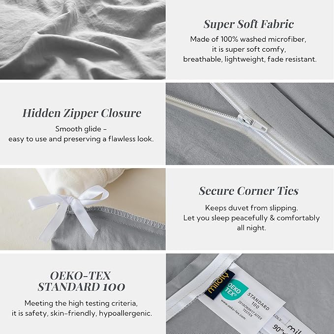 MILDLY Super Soft Duvet Cover 2pcs - 100% Washed Microfiber Light Grey Comforter Cover Set with Zipper Closure & Corner Ties (No Comforter)