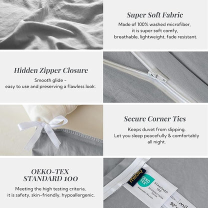 MILDLY Super Soft Duvet Cover - 100% Washed Microfiber Light Grey Comforter Cover Set 3 Pieces with Zipper Closure & Corner Ties (No Comforter)