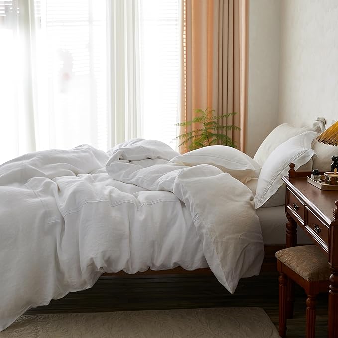 Simple&Opulence 100% Washed Linen Duvet Cover Set 88"x92" - 3 Pieces Soft Farmhouse Comforter Cover Set Double Embroidered with Button Closure - 1 Duvet Cover and 2 Pillowshams (White, Queen)