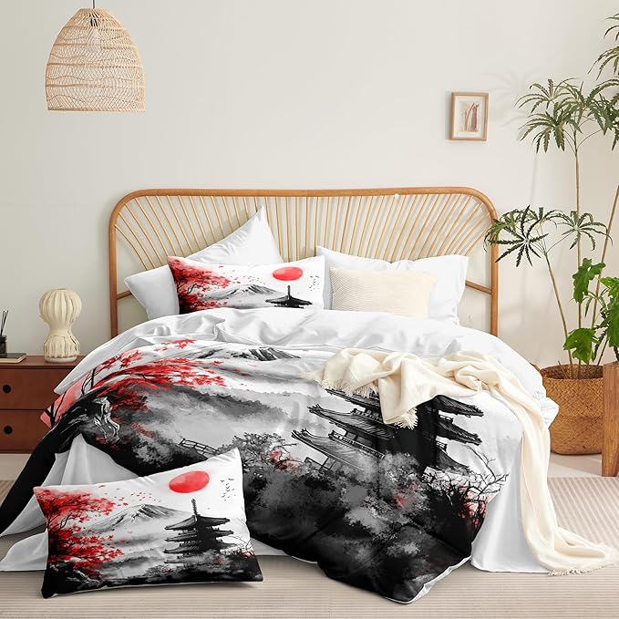 Classical Art Painting Comforter Set Full Size, 3 Pieces Japanese Style Botanical Bedding Sets for Girls, Landscape Maple Leaves Soft Lightweight Down Alternative Comforter(79" X 90")