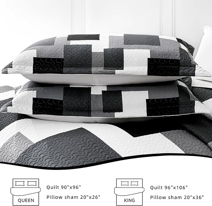 3 Piece Black Grey Quilt Set King Size Black White Gray Geometric Reversible Bedding Set Microfiber Lightweight Bedspread Coverlet with 2 Shams Modern Bed Covers for All Season, 106''x96''