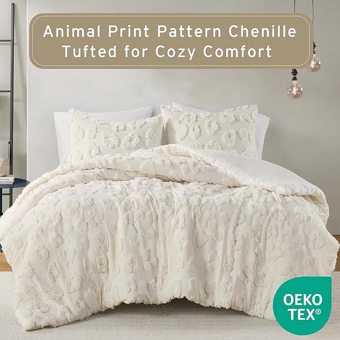Intelligent Design Twin Comforter Set Chenille Tufted Animal Print Pattern Comforters Twin Size, All Season Fluffy Bedding Soft Microfiber Reverse, Larissa, Twin/Twin XL Off-White 2 Piece