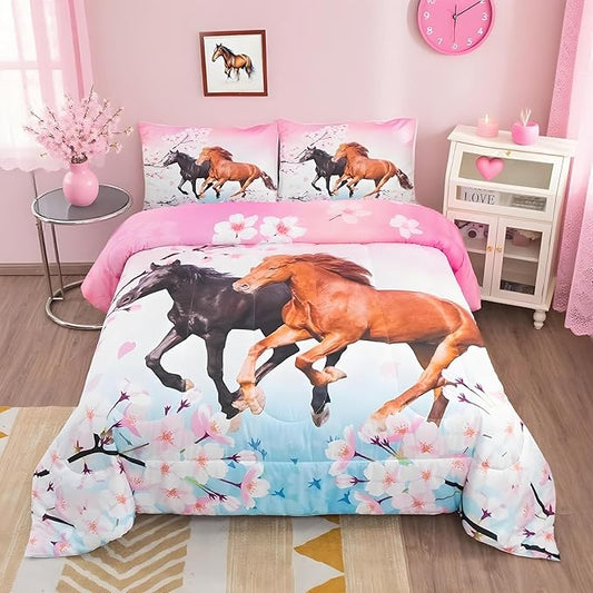 Feelyou Kids Horse Bedding Set Chic Cherry Blossom Bedding Comforter Set for Girls Teens Galloping Horse Printed Comforter 3D Wild Animal Duvet Set Bedroom Decor Quilt Set 3Pcs Queen Size