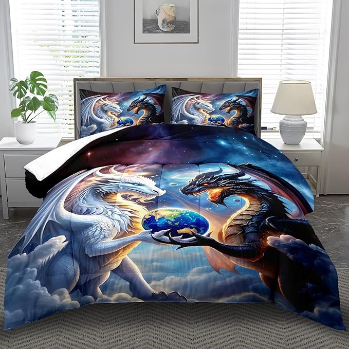Black White Dragon Comforter Set Full Boys Flame Ancient Mysterious Creatures Fantasy Dragon Bedding Set Boys GirlsWhite and Black Comforter Full Size Animals Quilt Room Decor