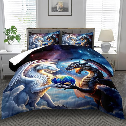 Black White Dragon Comforter Set King Boys Flame Ancient Mysterious Creatures Fantasy Dragon Bedding Set Boys GirlsWhite and Black Comforter King Size Animals Quilt Room Decor