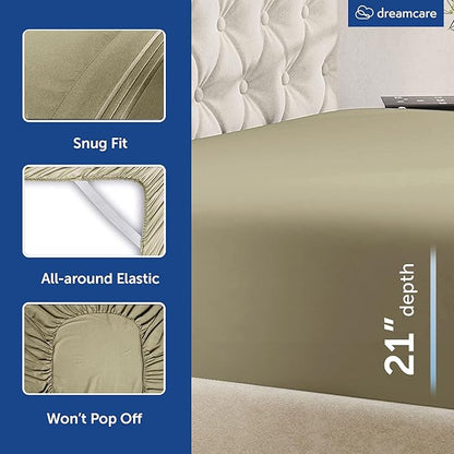 DREAMCARE Queen Sheet Set – 6 pcs Cooling Bed Sheets – up to 21” Deep Pocket Queen Sheets Set – 2500 Supreme Collection – Extra Soft 100% Brushed Microfiber Hotel Luxury with Side Pocket, Eucalyptus