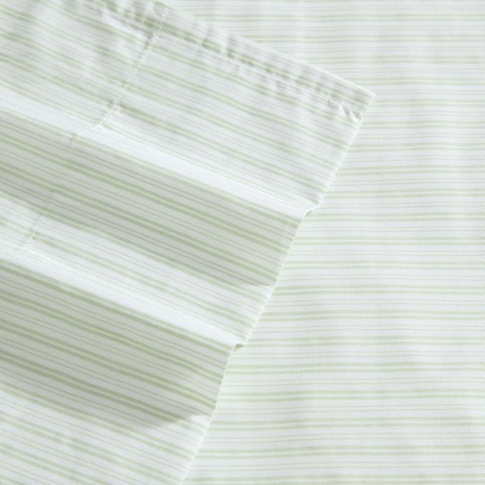 Laura Ashley - Queen Sheet Set, Crisp & Cool Cotton Percale Bed Sheets, Deep Pockets, Striped Bedding with Matching Fitted Sheet & Pillowcases (Bedford Skinny Stripe Green)