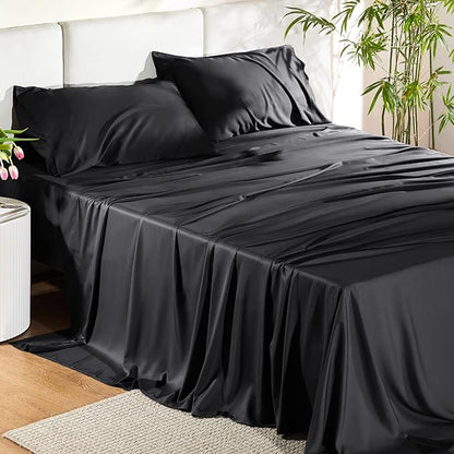 Bedsure California King Sheet Sets, Cooling Sheets for Hot Sleepers, Rayon Derived from Bamboo, PureWoven, Breathable & Soft, Deep Pocket Up to 16 Inches, Hotel Luxury Silky Bedding, Black
