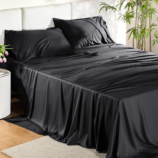 Bedsure California King Sheet Sets, Cooling Sheets for Hot Sleepers, Rayon Derived from Bamboo, PureWoven, Breathable & Soft, Deep Pocket Up to 16 Inches, Hotel Luxury Silky Bedding, Black