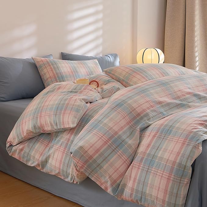 Plaid Comforter Full Size Bed Soft Washed Cotton Bedding Set Down Alternative Fluffy Boho Machine Washable Bedding Comforter Sets Cute Aesthetic Puffy Rustic Bed Comforter with 2 Pillowcases