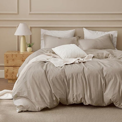 Bedsure 100% Washed Cotton Duvet Cover Oversized King - Frosted Almond Minimalist Bedding Set Linen Like - PureWoven Plain Simple & Soft Duvet Cover 3-Piece (Frosted Almond, Oversized King, 120"x98")