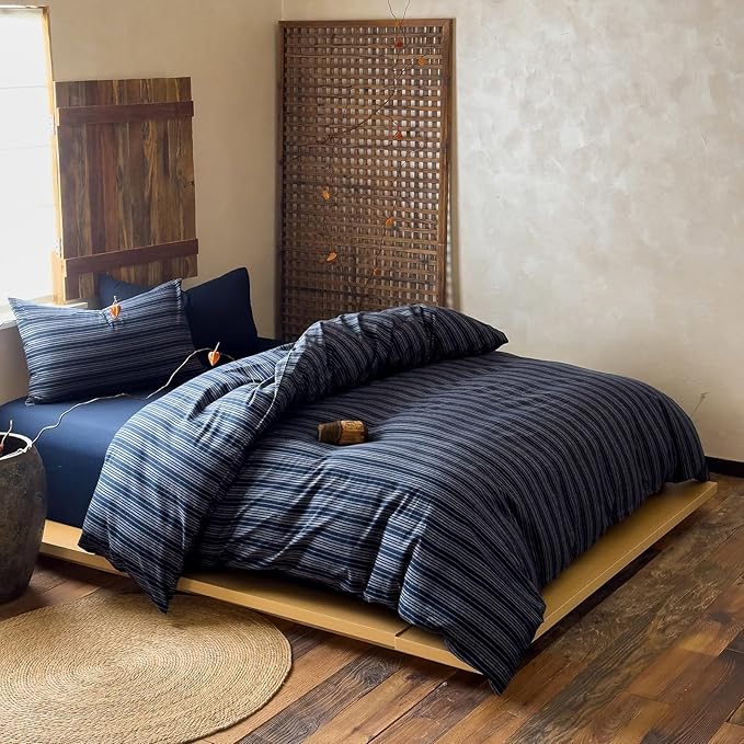 Striped Duvet Cover Twin XL Navy Blue Washed Cotton Twin XL Comforter Cover Soft Grey Vertical Stripe Farmhouse Duvet Cover Set with Zipper Boho Patterned Bedding Set Wabi Sabi Duvet Protector