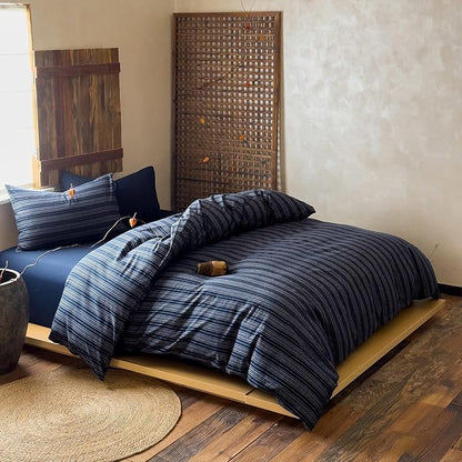 Striped Full Size Duvet Cover Navy Blue Washed Cotton Comforter Cover Full Size Soft Grey Vertical Stripe Farmhouse Duvet Cover Set with Zipper Boho Patterned Bedding Wabi Sabi Duvet Protector