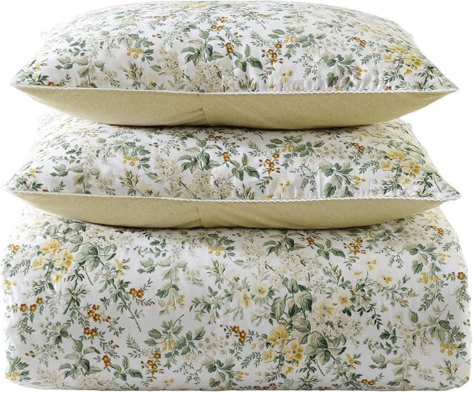 Laura Ashley - Full/Queen Comforter Set, Soft Cotton Bedding with Matching Shams, Floral Home Decor, Oeko-Tex Certified (Country Meadow Gold, Full/Queen)