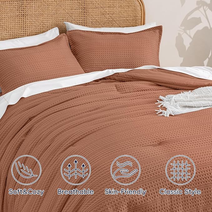 PHF Soft Waffle Comforter Set Queen Size- Comfy Breathable Waffle Weave Comforter with 2 Pillow Shams, 3 Pieces Less Snagging Lightweight Textured Bedding Set for All Season, Terra Cotta