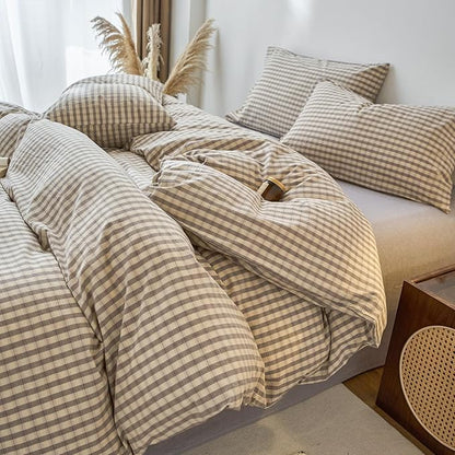 EAVD Vintage Style Grey Plaid Duvet Cover King Soft 100% Washed Cotton Chic Grey Checkered Gingham Bedding Set with 2 Pillowcases Farmhouse Gingham Duvet Cover with Zipper Closure