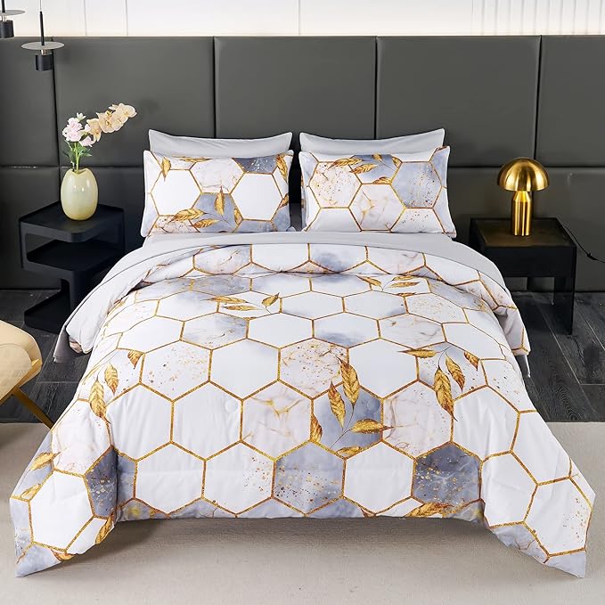 ANGIYUIN 7 Pieces White Gold Comforter Set Queen, Geometric Honeycomb Bedding Sets Hexagon Gold Trim Bed Sets, Ultra Soft Lightweight Bed in A Bag for Women Men (White Queen)
