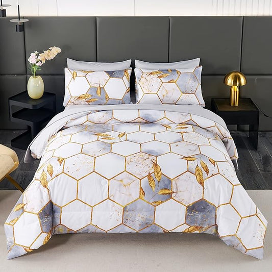 ANGIYUIN 7 Pieces White Gold Comforter Set Queen, Geometric Honeycomb Bedding Sets Hexagon Gold Trim Bed Sets, Ultra Soft Lightweight Bed in A Bag for Women Men (White Queen)