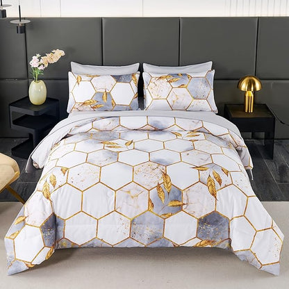 ANGIYUIN 7 Pieces White and Gold Comforter Set King, Geometric Bed Comforter Set Foil Print Bed Set with Sheets, Ultra Soft Lightweight Bed in A Bag for All Season (White King)