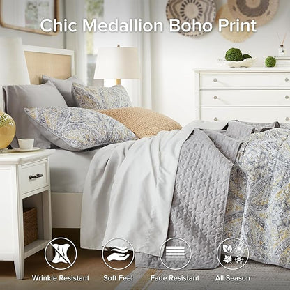 Comfort Spaces Boho Quilt Set King Reversible Vermicelli Quilting King Size Bed, All Season, Lightweight, Coverlet Winter Layer Bedding, Shams, Gloria, King Grey/Yellow 3 Piece