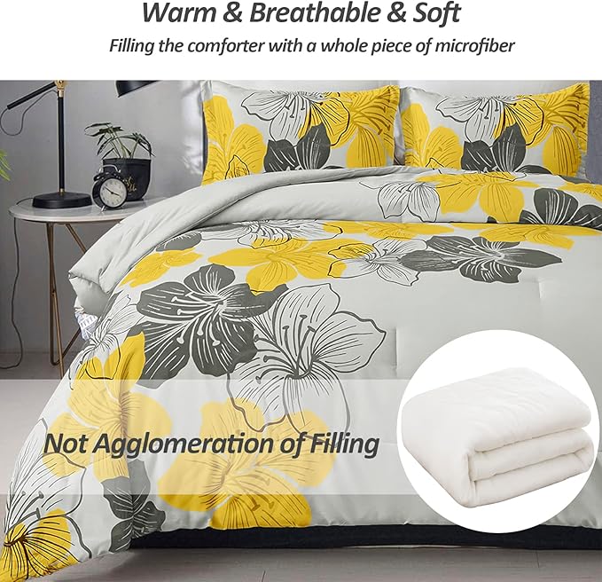 Menghomeus Floral Comforter Set Full Yellow Floral Pattern Printed on Grey - Soft Microfiber Bedding Set Lightweight Boho Bed Comforter Set for All Season, 3 Piece