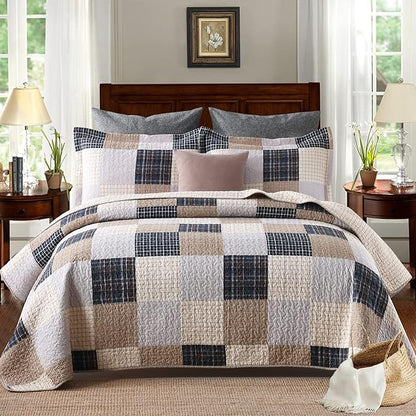 PANGUSHAN Quilts Set Queen Size,100% Cotton Quilt,Patchwork Plaid Queen Quilt Bedding Set Bedspread,Farmhouse Rustic Lightweight Comforter for Queen Bed,Cream/Brown/Blue-Black/Off-White Bed Spread