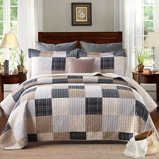 PANGUSHAN Quilts Set Queen Size,100% Cotton Quilt,Patchwork Plaid Queen Quilt Bedding Set Bedspread,Farmhouse Rustic Lightweight Comforter for Queen Bed,Cream/Brown/Blue-Black/Off-White Bed Spread