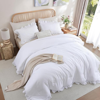JANZAA Twin Comforter Set White Comforter Ruffled Comforter Set Soft Twin Size Bed Set Vintage Farmhouse Bed Comforter Set Fluffy Shabby Chic Bedding with 1 Pillowcase