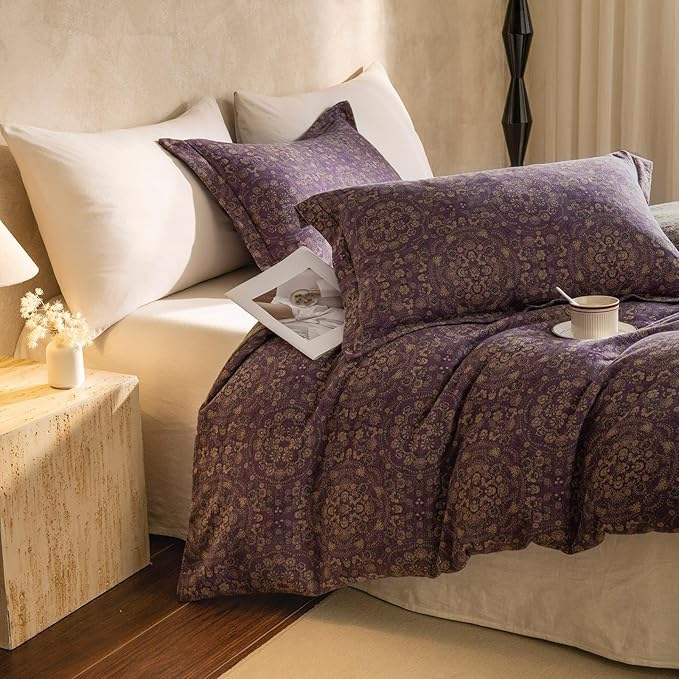 VM VOUGEMARKET Full Duvet Cover Set Purple Green Floral Pattern,3 Pieces Reversible Boho Medallion Jacquard Flower Bedding Set,Linen Cotton Yarn-Dyed Textured Duvet Cover with Zipper Closure
