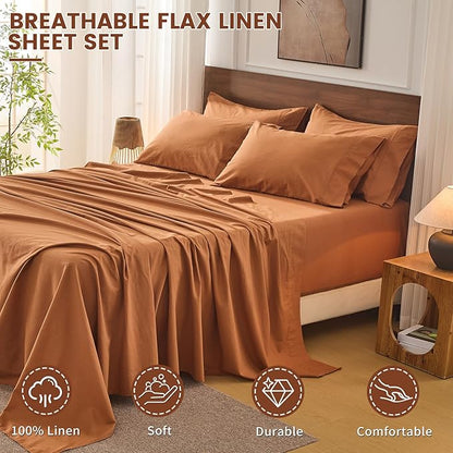 Bedlifes 100% French Flax Linen Sheets Set California King Size-6 Piece Extra Deep Pocket 18-24",Soft Breathable Cal King Bed Sheets with Temperature Regulating & Moisture-Wicking(Brown