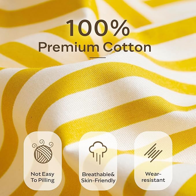 JELLYMONI 100% Natural Cotton 3pcs Striped Duvet Cover Sets,Yellow with White Stripes Pattern Printed Comforter Cover,with Zipper Closure & Corner Ties(King Size)
