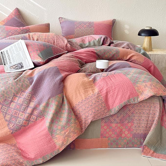 mixinni 100% Cotton Double Layer Yarn Duvet Cover Set, Vintage Patchwork Floral Jacquard Textured Comforter Cover, Reversible Boho Bedding Set with Pillowcases for All Season-Queen Size
