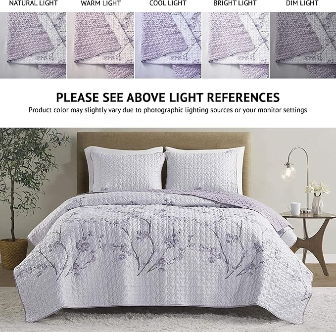 Comfort Spaces Reversible Quilt Set-Vermicelli Stitching Design All Season, Lightweight, Coverlet Bedspread Bedding, Matching Shams, King (104 in x 90 in), Kate Floral Purple 3 Piece