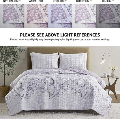 Comfort Spaces Reversible Quilt Set-Vermicelli Stitching Design All Season, Lightweight, Coverlet Bedspread Bedding, Matching Shams, King (104 in x 90 in), Kate Floral Purple 3 Piece
