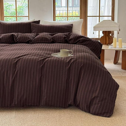 Striped Duvet Cover Set 100% Washed Cotton Linen Like Soft Feelling Breathable Bedding(Pine Bark Brown/Black Strip,Twin)