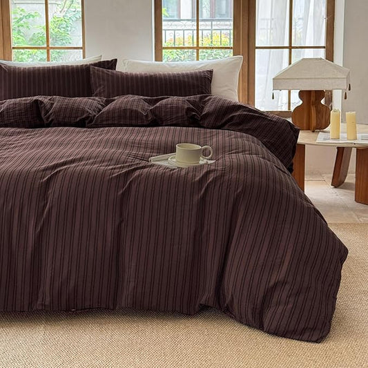 Striped Duvet Cover Set 100% Washed Cotton Linen Like Soft Feelling Breathable Bedding(Pine Bark Brown/Black Strip,Full)