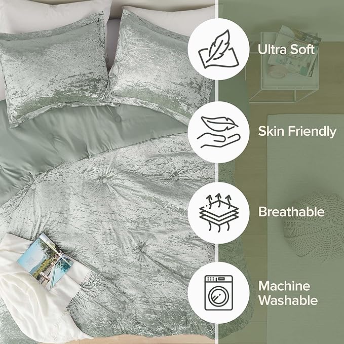 Comfort Spaces Luxe Queen Comforter Set Velvet Comforters for Queen Size Bed, Microfiber Reverse, Juliette, All Season Velvet Bedding Queen Size, Fluffy Bed Set, Sham, Full/Queen, Sage Green 3 Piece