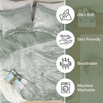 Comfort Spaces Luxe Queen Comforter Set Velvet Comforters for Queen Size Bed, Microfiber Reverse, Juliette, All Season Velvet Bedding Queen Size, Fluffy Bed Set, Sham, Full/Queen, Sage Green 3 Piece