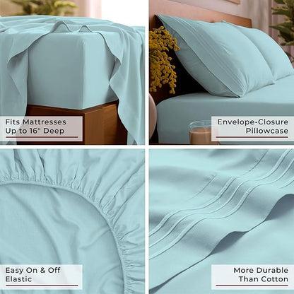 Mellanni Split King Sheet Set - 7-Piece Iconic Collection Bedding, (Including 4 Pillowcases), 16-Inch Deep Pocket, Easy Care, Extra Soft, Cooling Sheets, Brushed Microfiber - Aqua