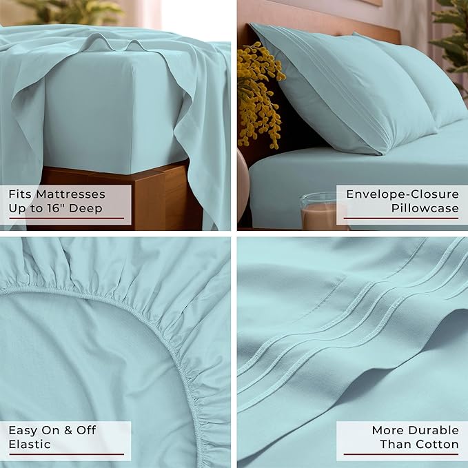 Mellanni Twin Sheet Set - 4-Piece Iconic Collection Bedding, (Including 2 Pillowcases), 16-Inch Deep Pocket, Easy Care, Extra Soft, Cooling Sheets, Brushed Microfiber - Aqua