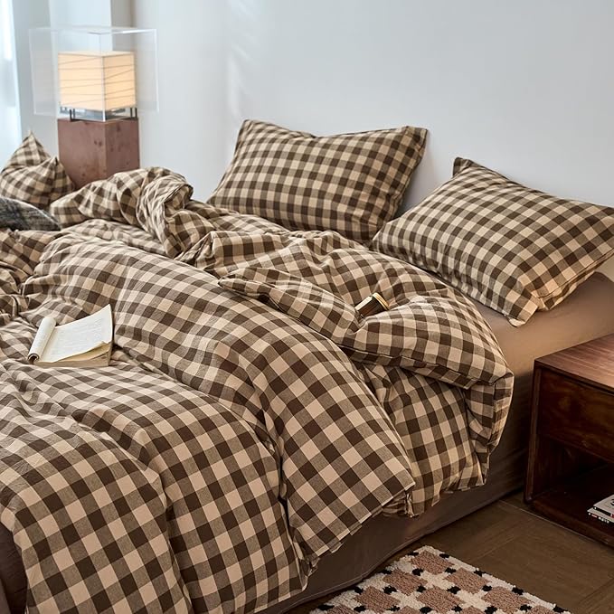 Checkered King Size Duvet Covers Tan Brown Washed Cotton King Comforter Cover Boho Gingham Cute Rustic Duvet Cover Set with Hidden Zipper Vintage Buffalo Plaid Bedding Set Soft Duvet Protector