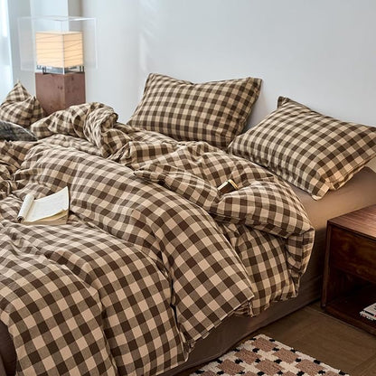 Checkered King Size Duvet Covers Tan Brown Washed Cotton King Comforter Cover Boho Gingham Cute Rustic Duvet Cover Set with Hidden Zipper Vintage Buffalo Plaid Bedding Set Soft Duvet Protector