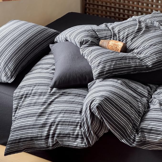 EAVD Retro Black Striped Duvet Cover Queen Soft 100% Washed Cotton Reversible Striped Pattern Bedding Set with 2 Pillowcases Farmhouse Geometric Duvet Cover with Zipper Closure