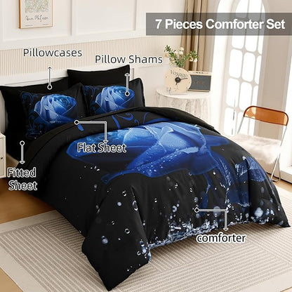 Xruibed Floral Comforter Queen Blue Bed in a Bag Rose Water Droplets Design 7PCs Comforter Set Soft Micorfiber Bedding Set (1 Comforter,2 Pillow Shams,1 Flat Sheet,1 Fitted Sheet,2 Pillowcases)