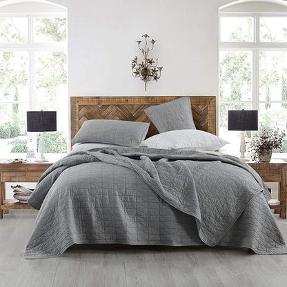HORIMOTE HOME Quilt Set Twin Size, Stone-Washed Chic Rustic Grey Coverlet with Classic Triangle Stitched Pattern, Ultra Soft Lightweight Quilted Bedspread for All Season, 2 Pieces