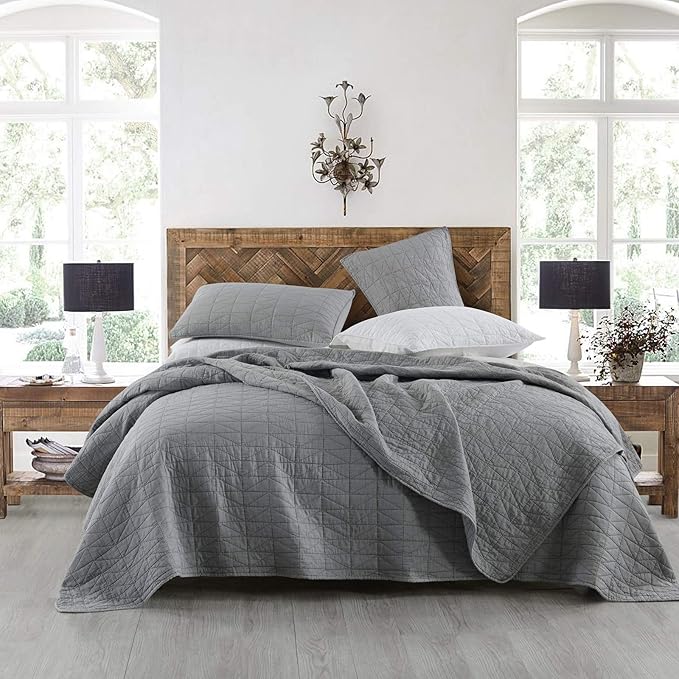 HORIMOTE HOME Quilt Set King Size, Stone-Washed Chic Rustic Grey Coverlet with Classic Triangle Stitched Pattern, Ultra Soft Lightweight Quilted Bedspread for All Season, 3 Pieces