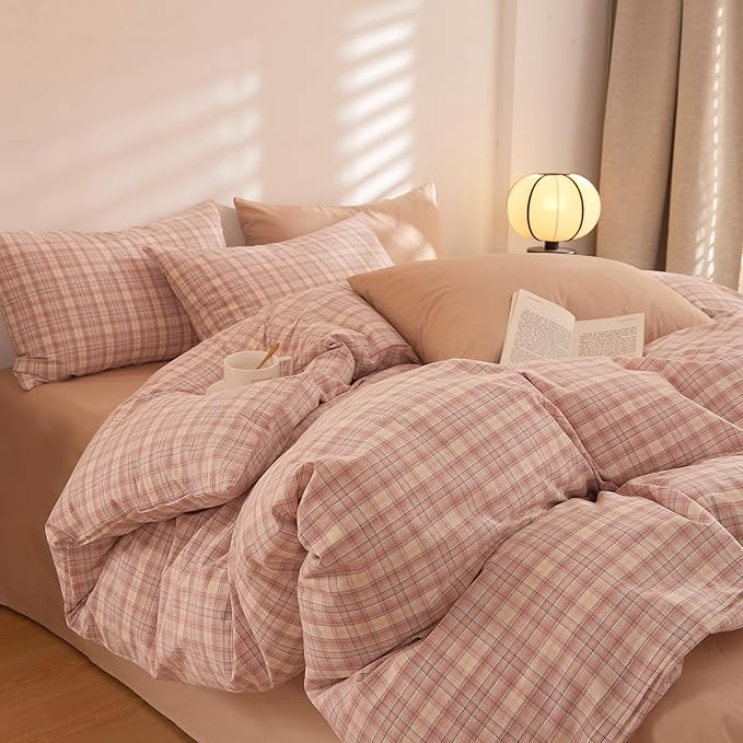 EAVD Modern Style Gingham Comforter Set Full Fluffy Soft Pink Blue Grid Plaid Comforter Set with 2 Pillowcases Farmhouse Grid Checkered Gingham Bedding Set for All-Season