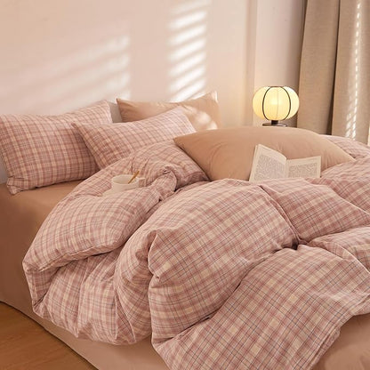 EAVD Modern Style Gingham Comforter Set Full Fluffy Soft Pink Blue Grid Plaid Comforter Set with 2 Pillowcases Farmhouse Grid Checkered Gingham Bedding Set for All-Season