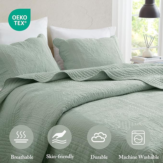 Madison Park King Quilt Set Damask Coverlet Set for King Size Bed, Cottage Oversized Quilt, Scallop Edge, All Season, Pre-washed Cotton-Filled King Size Quilt, Tuscany, King/Cal King Seafoam 3 Piece
